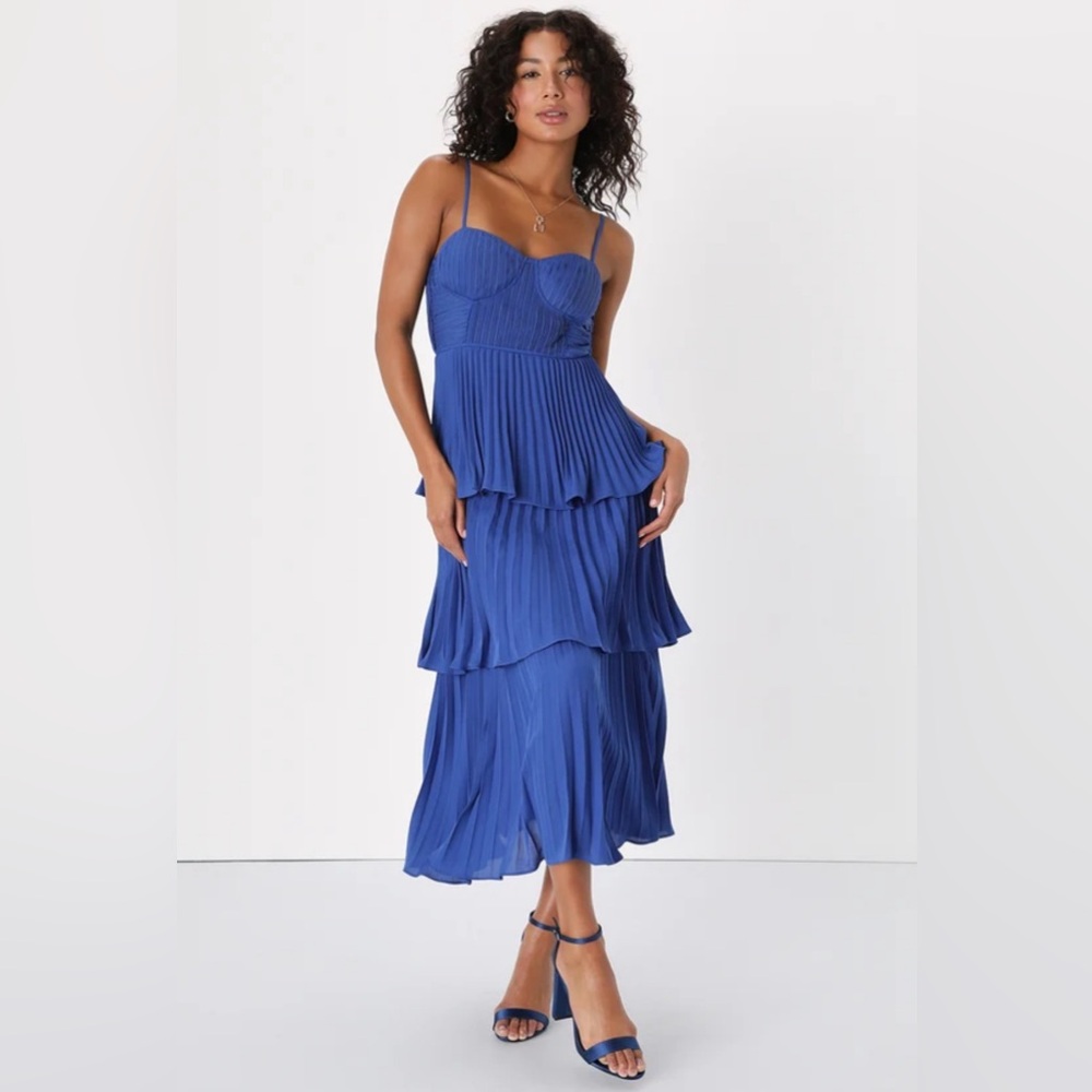 Cascading Crush Cobalt Blue Tiered Bustier Midi
Dress Lulus